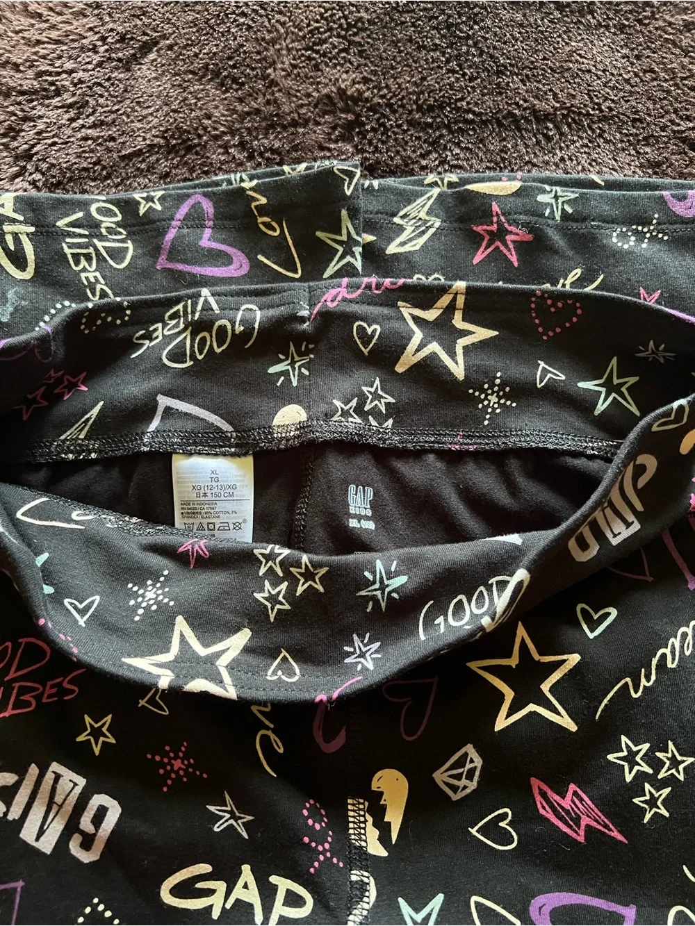 GAP Kids Black Fleece-Lined Graphic Flare Pants with Multicolor Prints